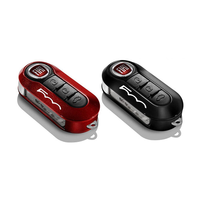 Fiat 500 key covers in metallic red and pastel black with 500 logo