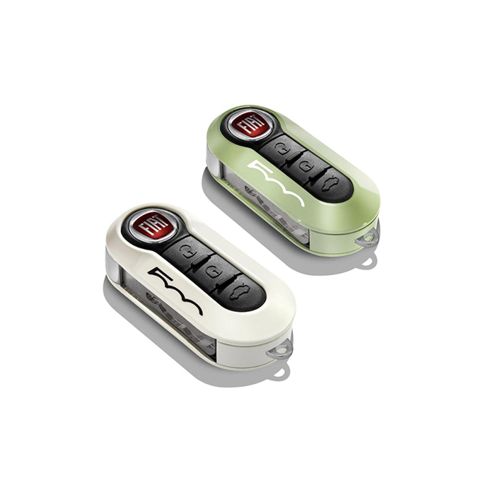 Fiat 500 key covers in pastel green and white with 500 logo