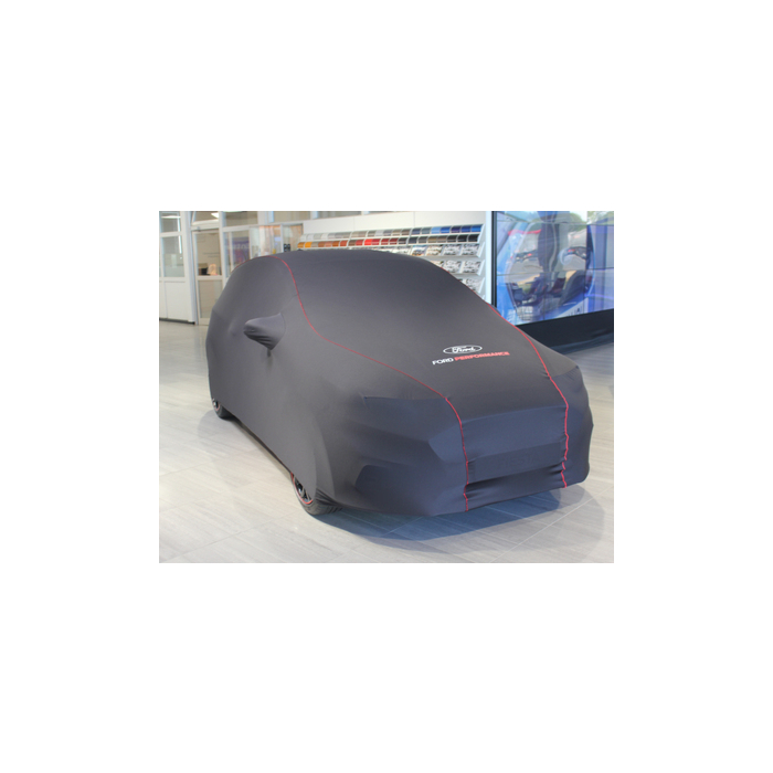 Ford Fiesta (07/2017 - 2023) premium black protective cover with red piping, white Ford oval and Ford Performance logo