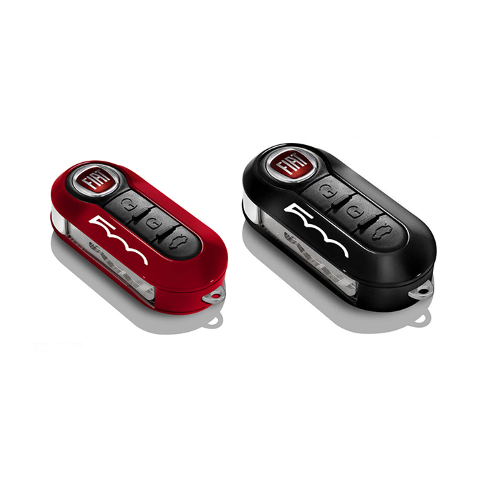 Fiat 500 key covers in pastel red and black with 500 logo