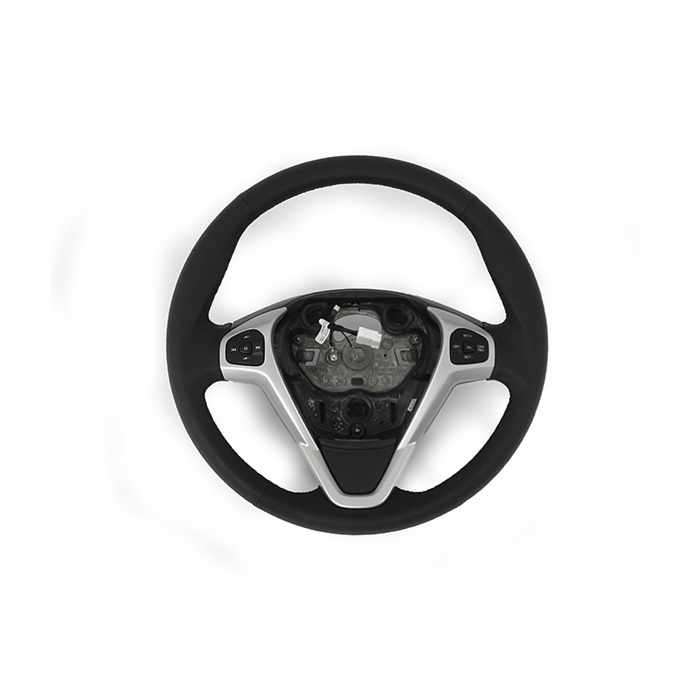 Ford Fiesta (09/2008 - 06/2017) leather steering wheel black with silver edge and blue stitching