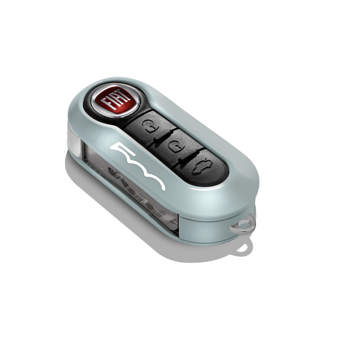 Fiat 500 key covers in pastel blue and white with 500 logo