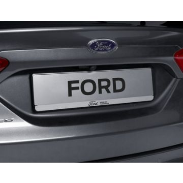 Ford license plate holder silver, with blue Ford oval and black "BRING ON TOMORROW" inscription