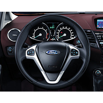 Ford Fiesta 09/2008 - 07/2017 leather steering wheel black with silver bezel and blue stitching