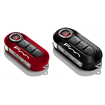 Fiat 500 key covers in pastel red and black with 500 logo