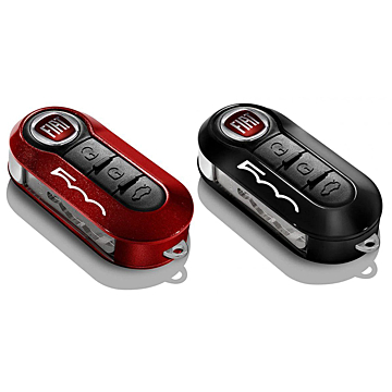 Fiat 500 key covers in metallic red and pastel black with 500 logo