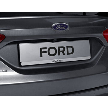 Ford license plate holder silver, with blue Ford oval and black "BRING ON TOMORROW" inscription
